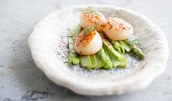 Noix de Saint-Jacques poêlées sur un lit d'asperges vertes